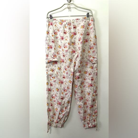 Moda Linen Floral Cargo Pants Size 8 White Pink Natural Y2K Cottagecore Straight - Picture 6 of 7